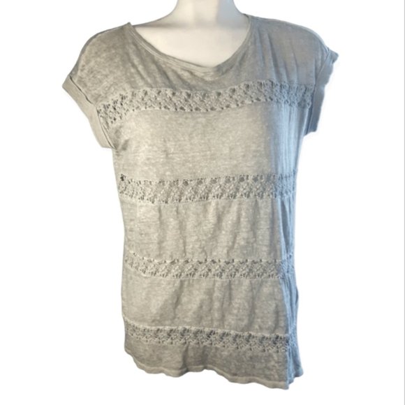 Akemi + Kin linen crochet cutout cap sleeve drapey soft grey t-shirt small Med - Picture 3 of 11